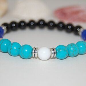 Turquoise Bracelet,Onyx and Turquoise Beads,Blue and Black,8mm Beads